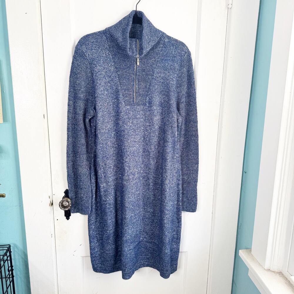 Talbots Zip Collar Sweater Dress Cotton Wool Blend Blue NEW Size Large L Cozy